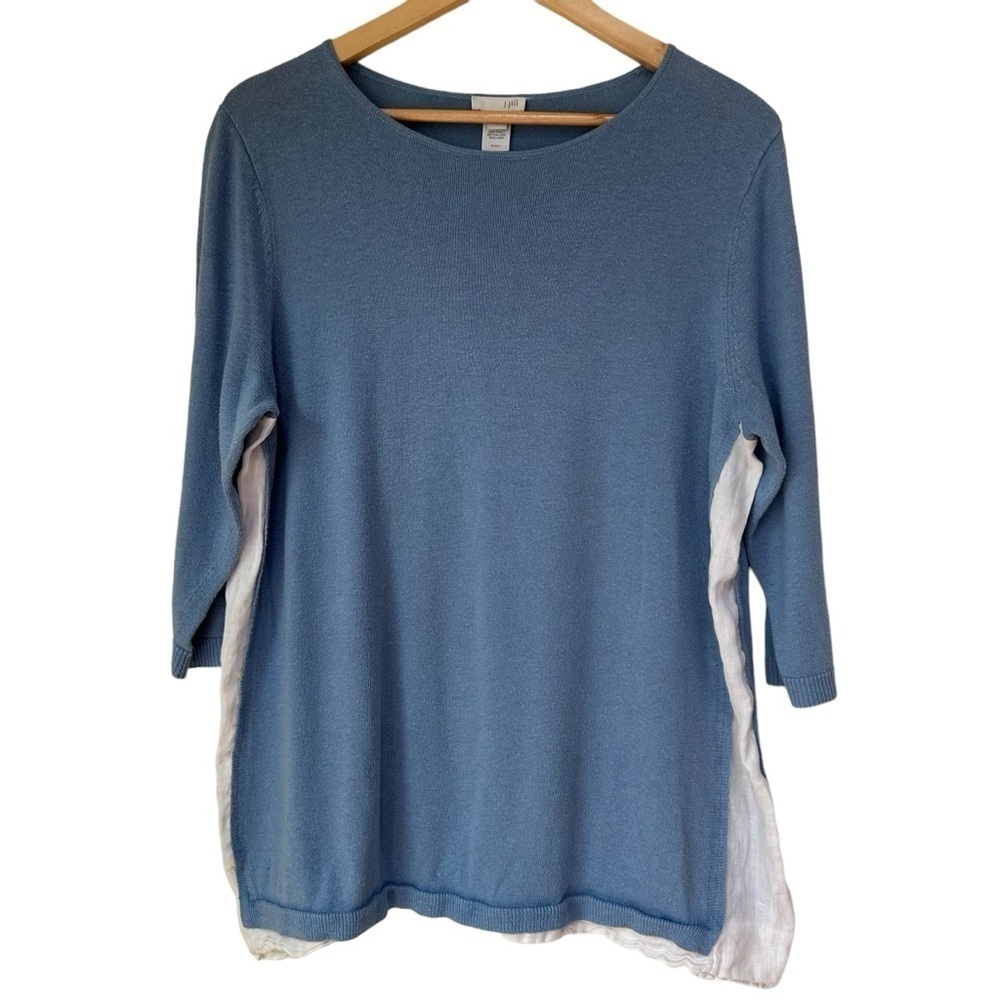 J. Jill Linen Blue Long Sleeve Pullover with White Linen Sides, Medium